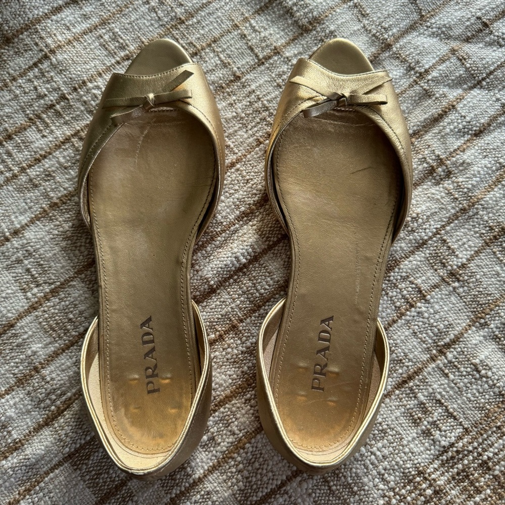 Prada Gold Leather D'Orsay Flats with Bow - Picture 3 of 10